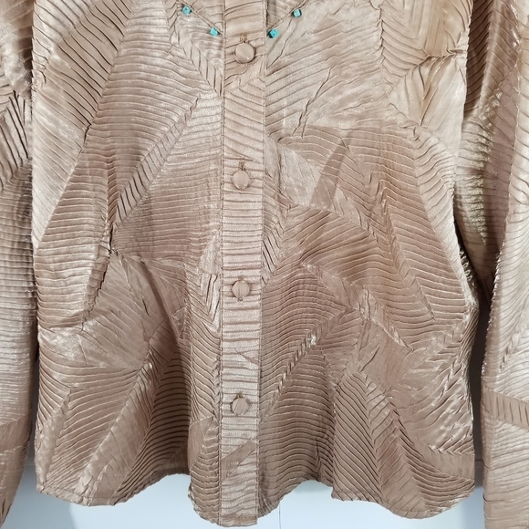 Vintage BANJO Women's Western Button-Up Shirt Sz M Tan Textured Coastal Cowgirl - Picture 4 of 8